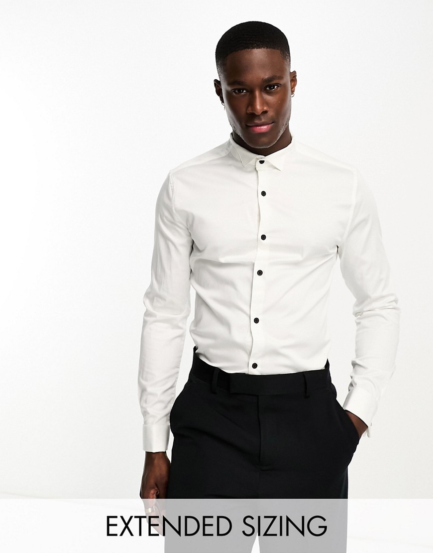ASOS DESIGN Premium skinny sateen shirt with wing collar and contrast buttons-White
