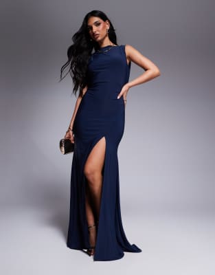 premium slash neck maxi dress with dramatic drape back and train in navy