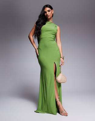 premium slash neck maxi dress with dramatic draped back in green