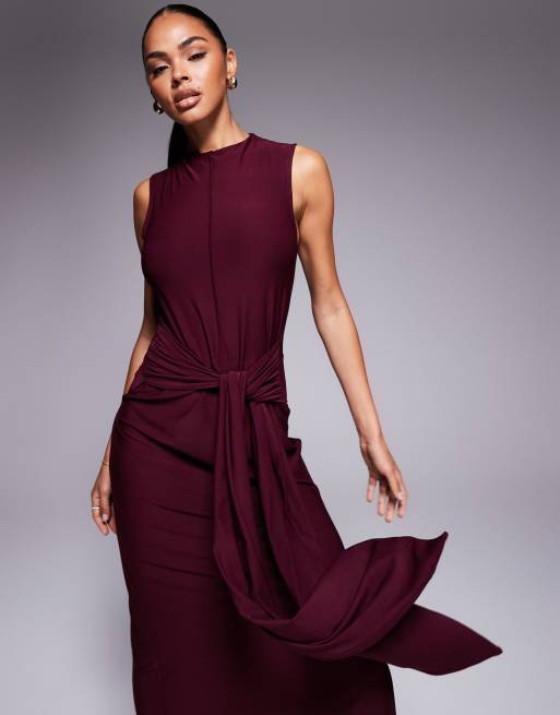 ASOS DESIGN premium sleeveless knot front maxi dress in burgundy