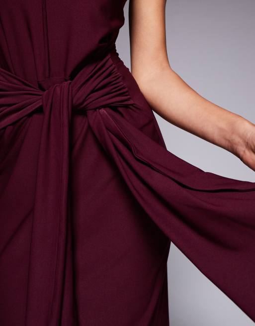 ASOS DESIGN premium sleeveless knot front maxi dress in burgundy, 3 of 4