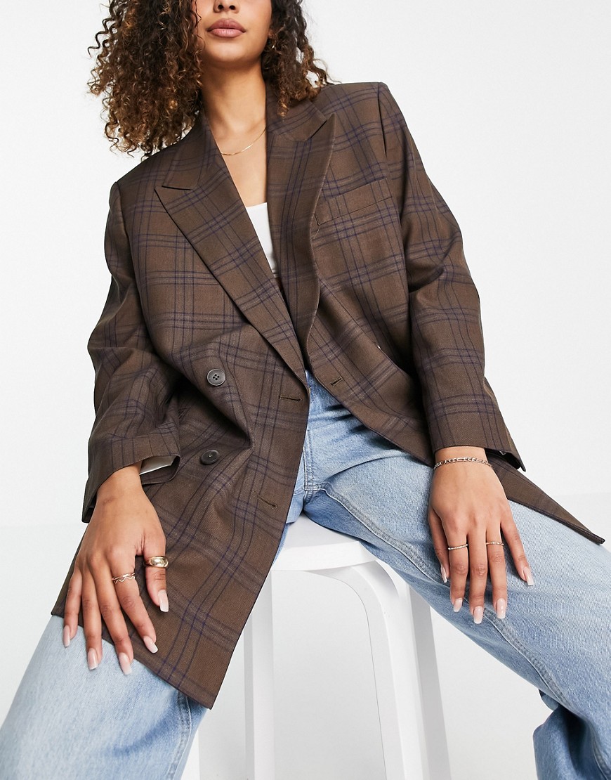 ASOS DESIGN premium slim dad suit blazer in brown heritage check-Multi