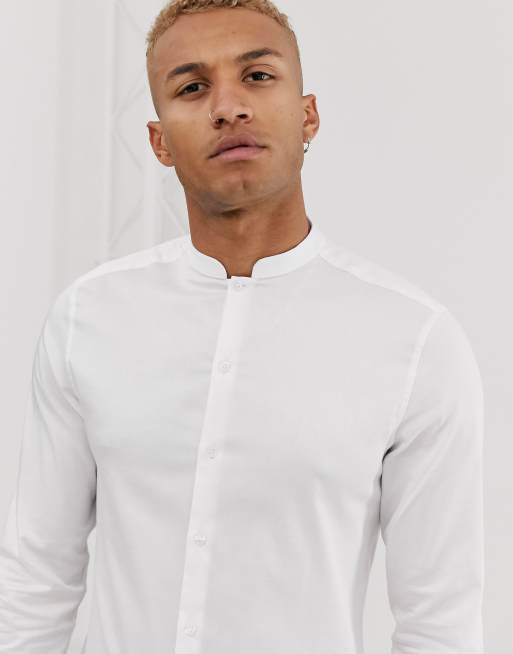 ASOS DESIGN Premium slim fit sateen shirt with mandarin collar in white