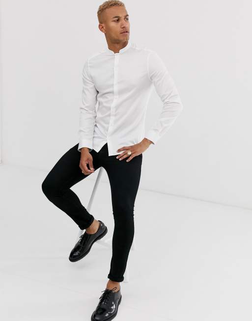 ASOS DESIGN Premium slim fit sateen shirt with mandarin collar in white