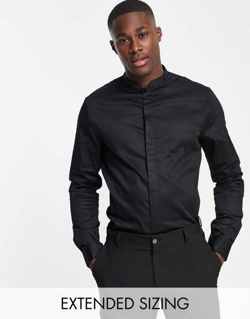 ASOS Regular Fit Satin Mandarin Collar Shirt in Black for Men