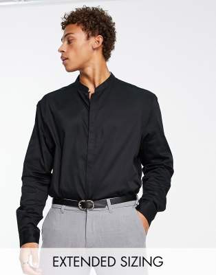 ASOS DESIGN Premium slim fit sateen shirt with mandarin collar in black