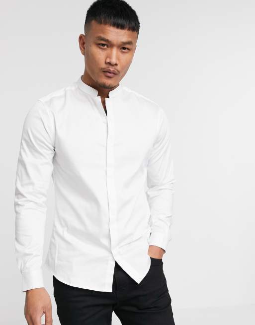 ASOS DESIGN Premium slim fit sateen shirt with mandarin collar in white