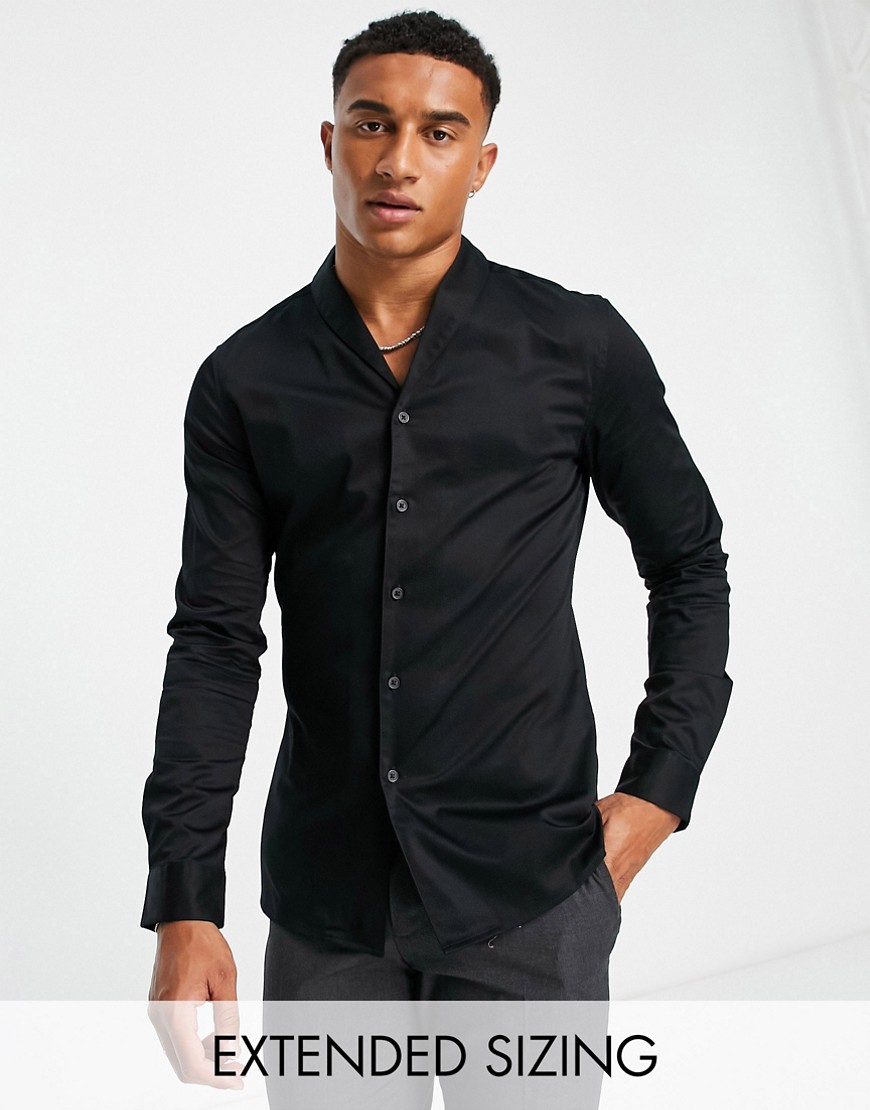 ASOS DESIGN Premium slim fit sateen shirt with shawl collar in black
