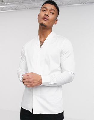 Premium fit slim sateen shirt with mandarin collar in ASOS Herren Kleidung Tops & Shirts Shirts Kurze Ärmel 