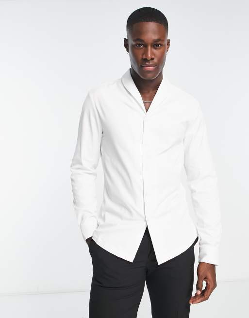 ASOS DESIGN Premium slim fit sateen shirt with shawl collar in white