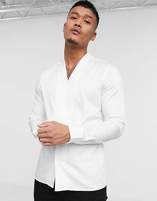 ASOS DESIGN - Premium slim-fit satijnen overhemd met sjaalkraag in wit