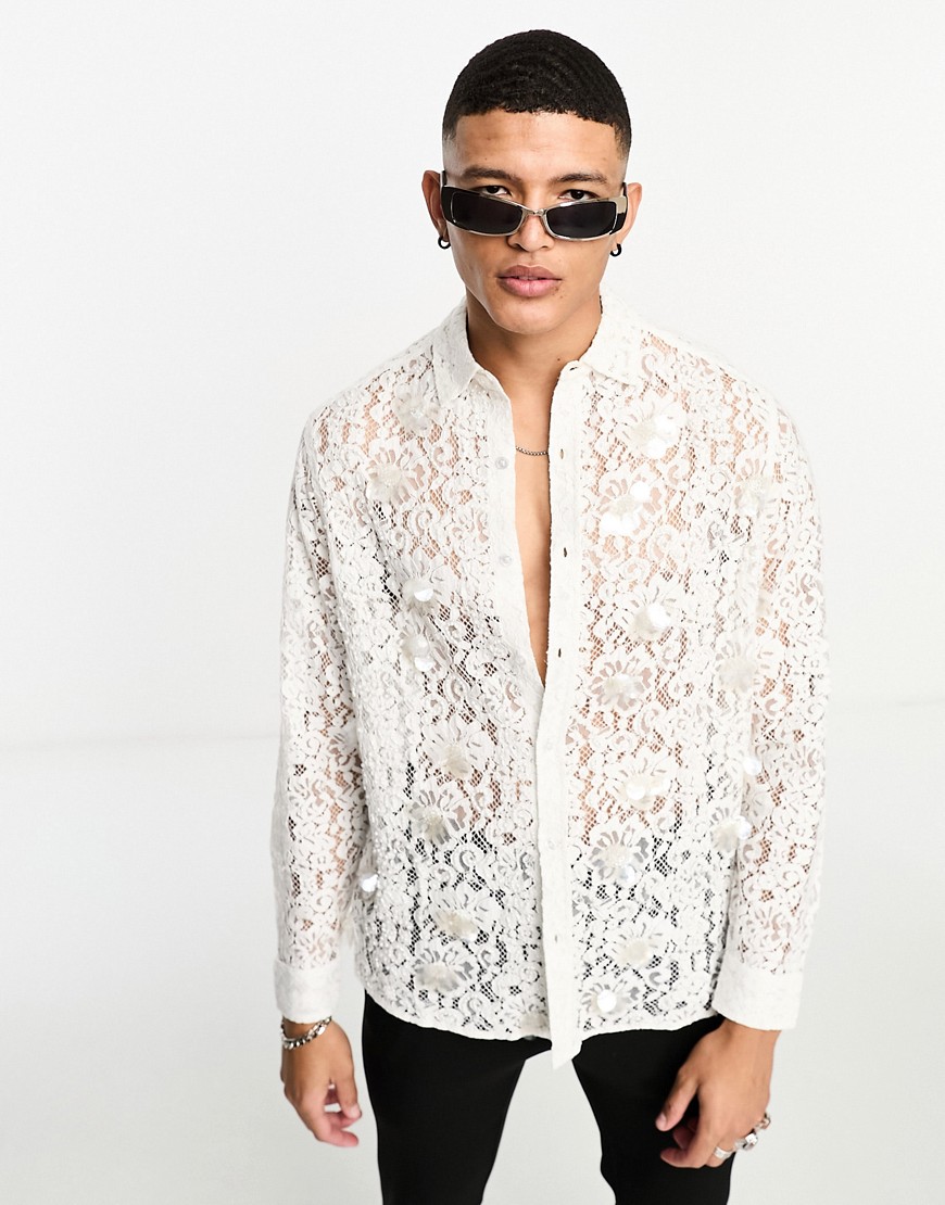 ASOS DESIGN Premium slim shirt in white lace with pearl and sequin embroidery