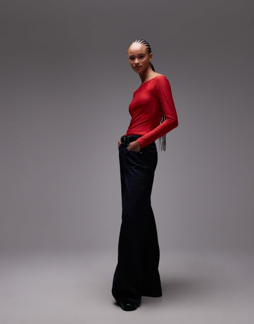 ASOS DESIGN premium slinky high bardot top in red, 3 of 4