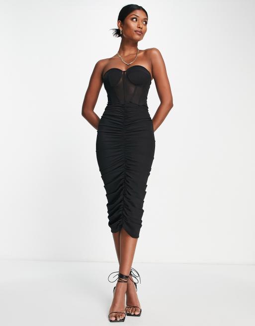 ASOS DESIGN - Premium - Sort bandeau-midikjole med korset og rynkede detaljer i mesh