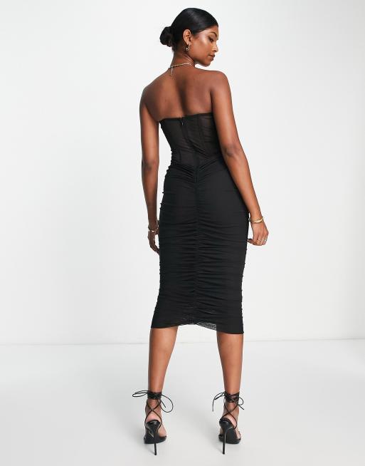 ASOS DESIGN - Premium - Sort bandeau-midikjole med korset og rynkede detaljer i mesh, 2 af 4