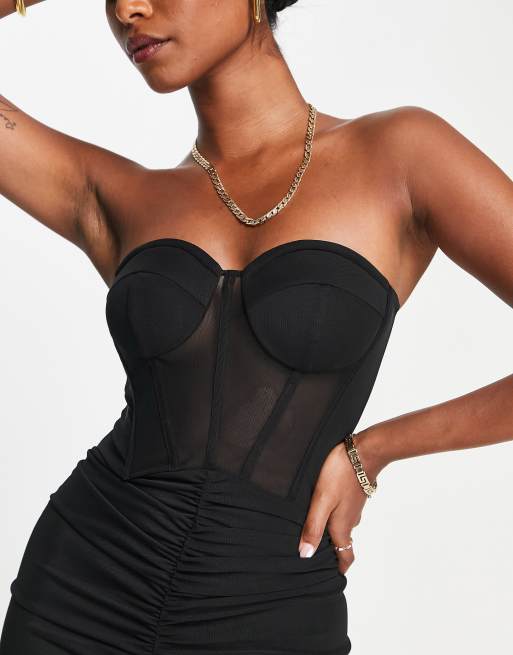 ASOS DESIGN - Premium - Sort bandeau-midikjole med korset og rynkede detaljer i mesh, 3 af 4