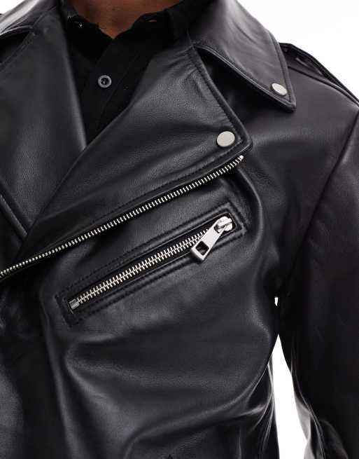 ASOS DESIGN - Premium - Sort bikerjakke i ægte læder, 2 af 4