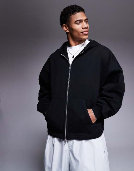 ASOS DESIGN - Premium - Sort oversized hættetrøje med lynlås og fast kant i kraftigt stof på 400 gsm