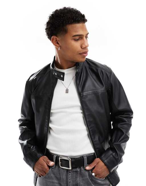 ASOS DESIGN - Premium - Sort racer-jakke i ægte læder