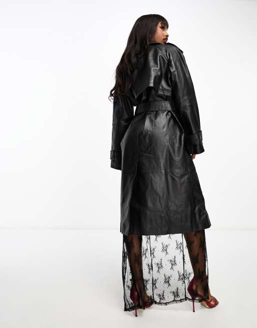 ASOS DESIGN - Premium - Sort trenchcoat i ægte læder, 3 af 4