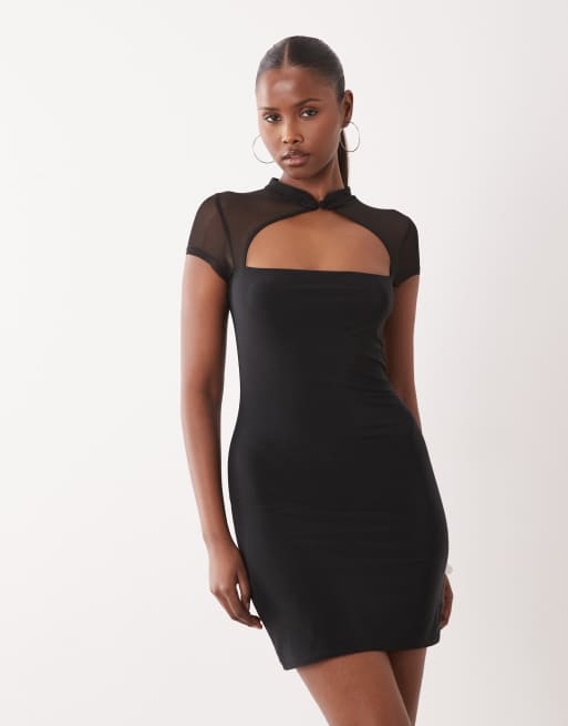 ASOS DESIGN - Premium - Sort tætsiddende minikjole med rouleau-løkker og udskæring i mesh, 2 af 4
