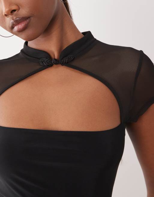 ASOS DESIGN - Premium - Sort tætsiddende minikjole med rouleau-løkker og udskæring i mesh, 4 af 4