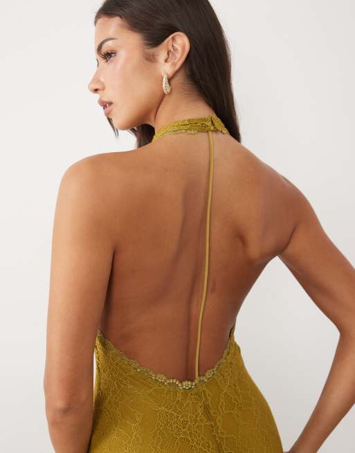 ASOS DESIGN premium spetsmaxiklänning med öppen rygg och slits i olivgrön, 3 av 4