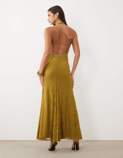 ASOS DESIGN premium spetsmaxiklänning med öppen rygg och slits i olivgrön, 4 av 4