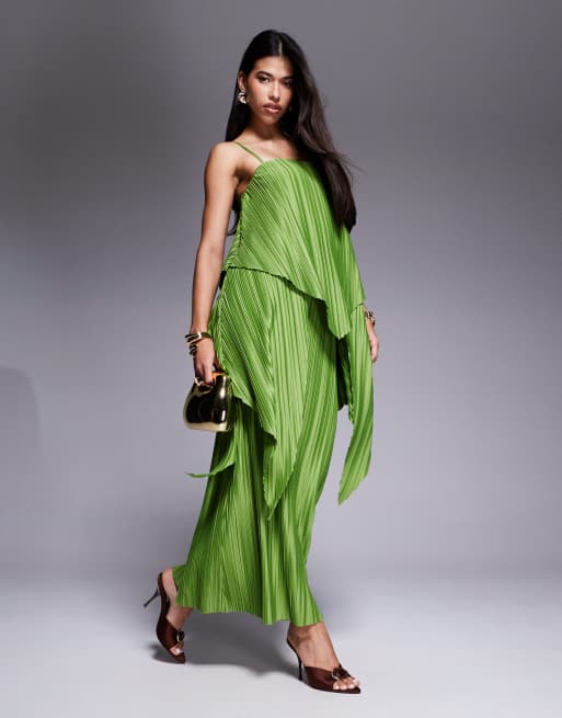 ASOS DESIGN premium square neck plisse double layer maxi dress with full hem in green