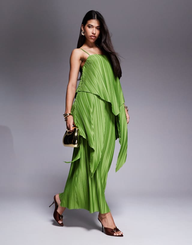 asos green plisse dress DESIGN premium square neck double layer maxi with full hem in plus size bodycon