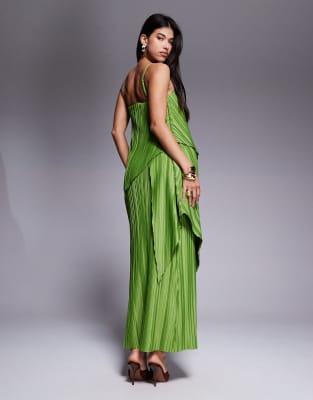 Asos Design Premium Square Neck Plisse Double Layer Maxi Dress With Full Hem In Green