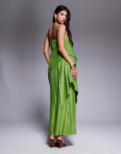 ASOS DESIGN premium square neck plisse double layer maxi dress with full hem in green