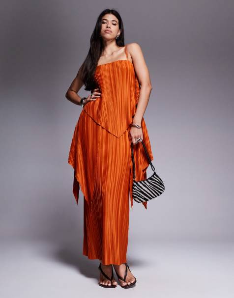 ASOS DESIGN premium square neck plisse double layer maxi dress with full hem in rust - view 1