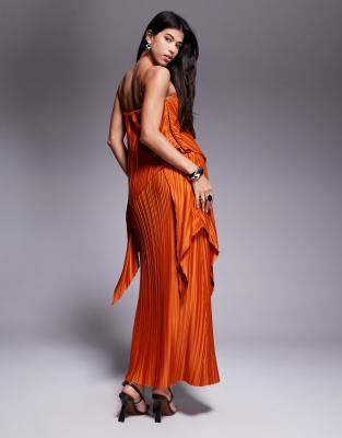 Asos Design Premium Square Neck Plisse Double Layer Maxi Dress With Full Hem In Orange