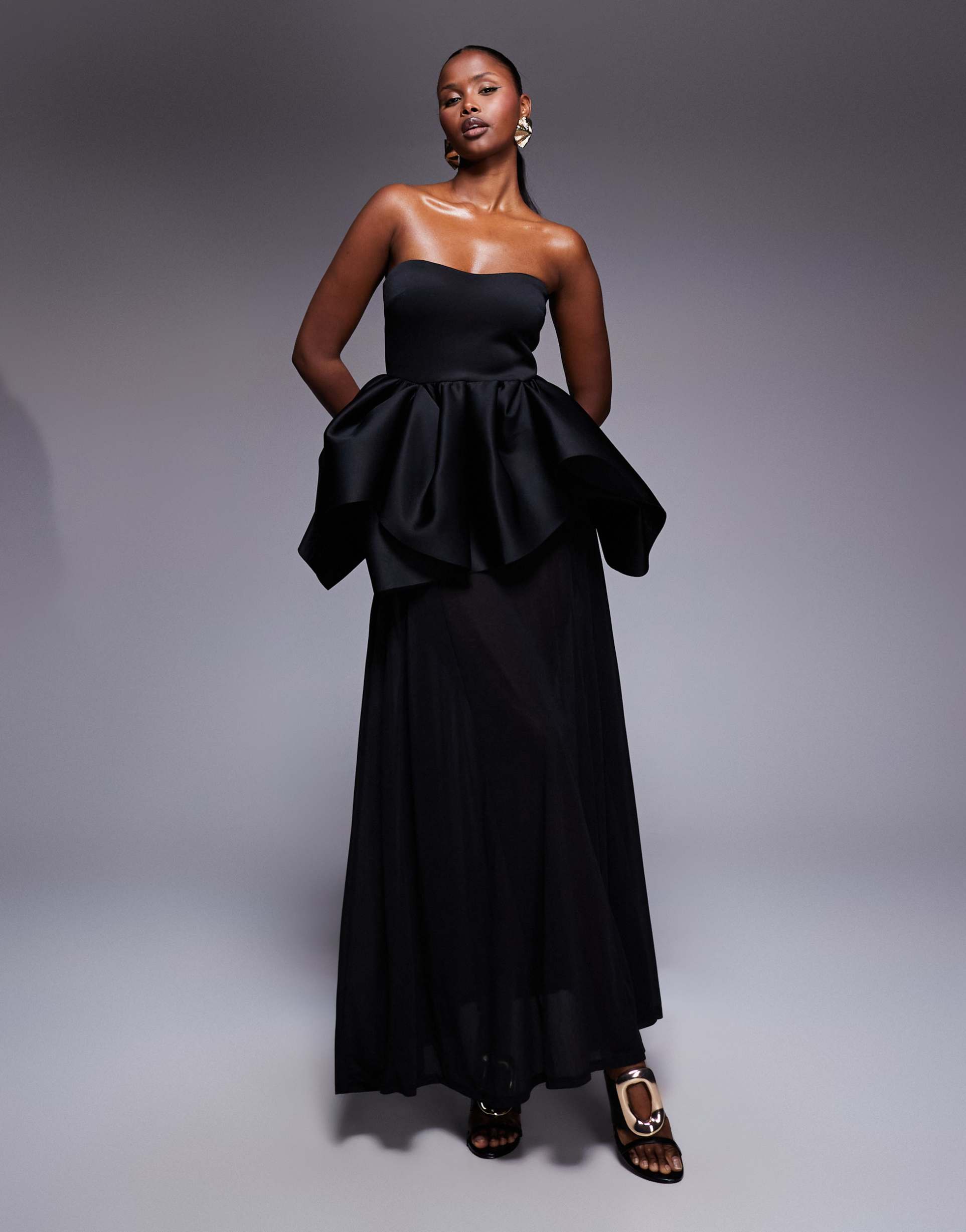 asos design premium strapless bodice with sheer skirt maxi dress in black scuba-style fabric