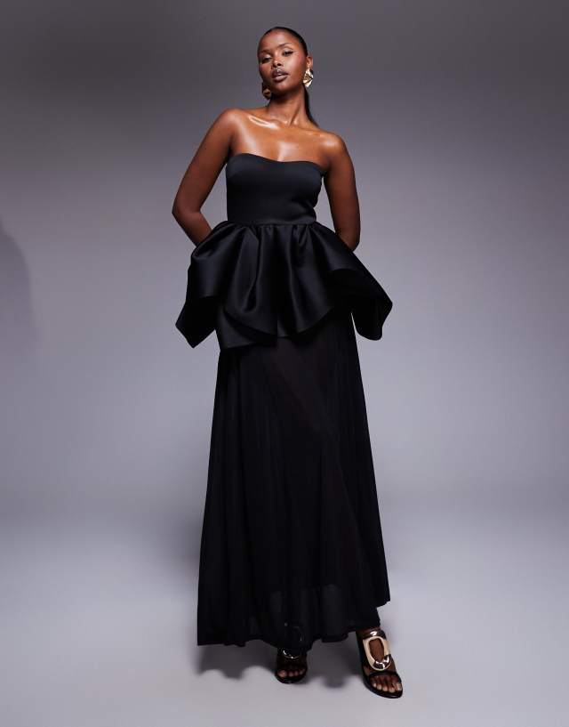 black maxi dress strapless ASOS DESIGN Premium bodice with sheer skirt in scuba-style fabric Colour:As Picture Q1c Black Dress Shoes – Loosely Fitted