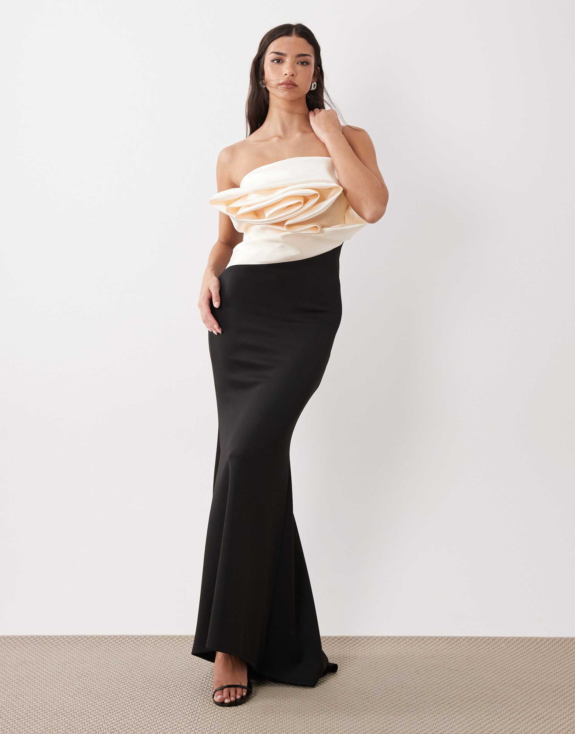 asos design premium strapless crepe maxi dress with contrast bonded satin corsage and train detail in black and cream