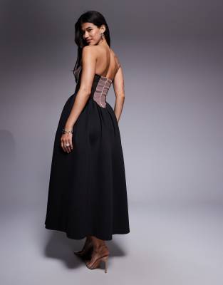 Asos Design Premium Strapless Satin Corseted Maxi Dress With Full Skirt In Black