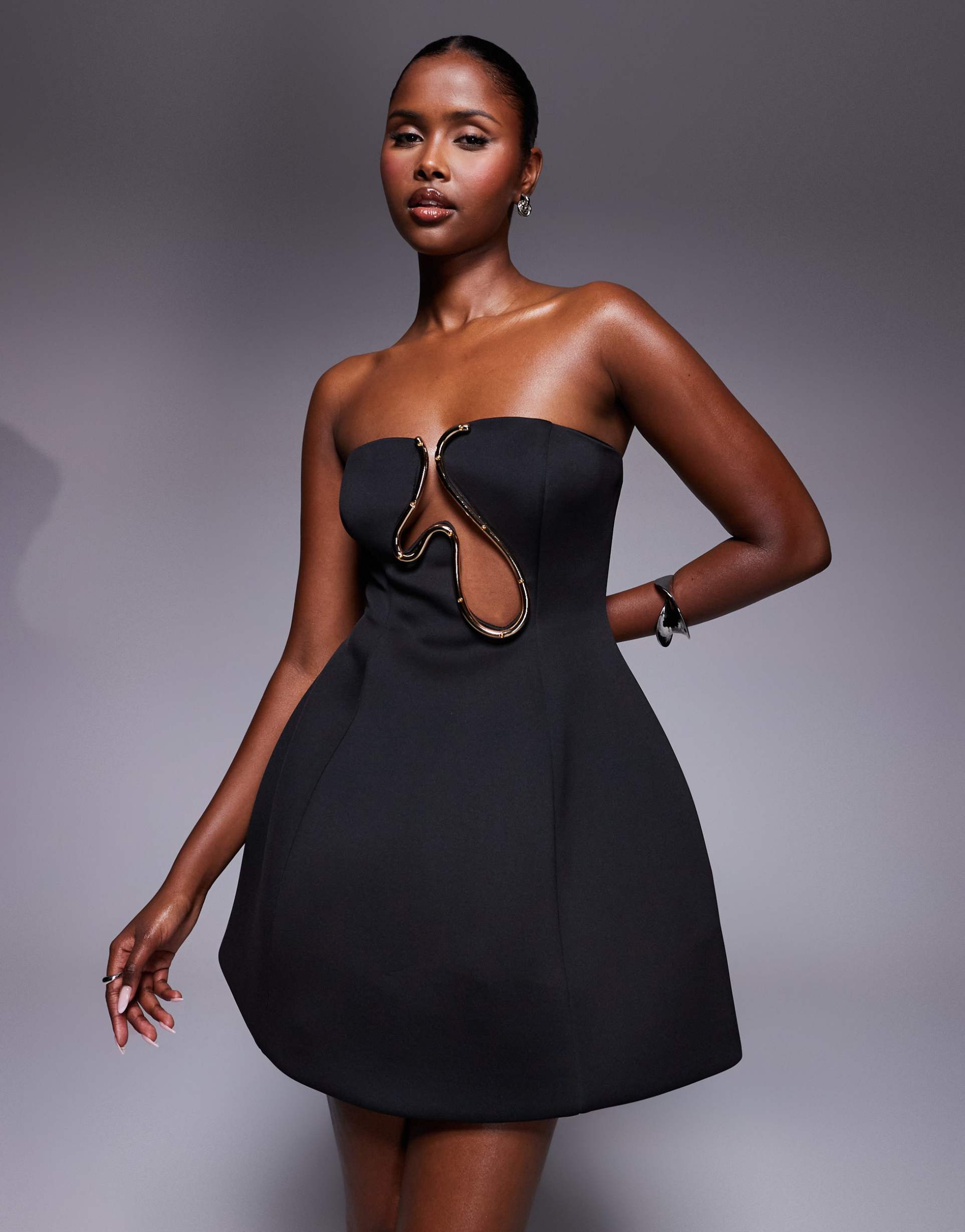 asos design premium strapless sculpted mini dress with gold-tone trim in black