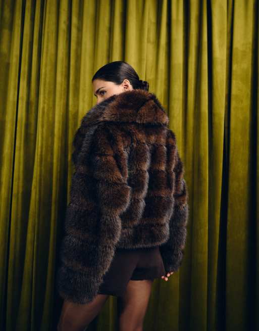 ASOS DESIGN premium stripe faux fur cropped jacket in brown