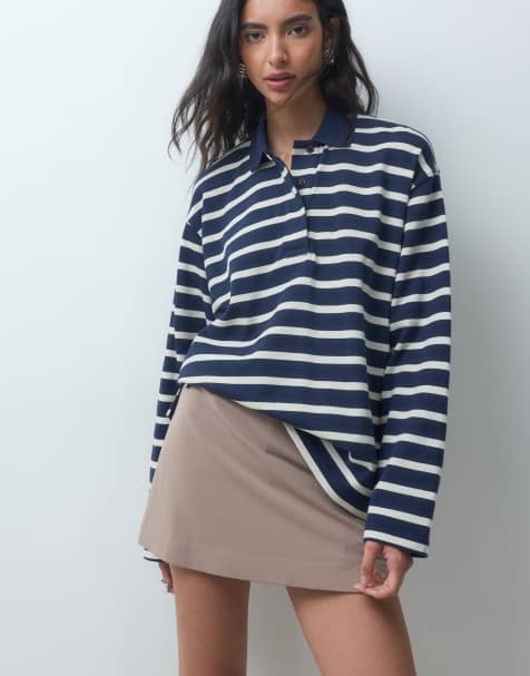ASOS DESIGN premium stripe rugby collar long sleeve top in navy stripe