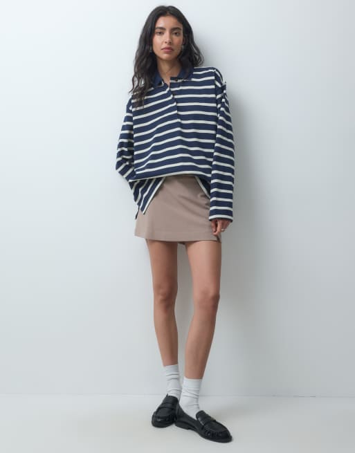 ASOS DESIGN premium stripe rugby collar long sleeve top in navy stripe, 3 of 4