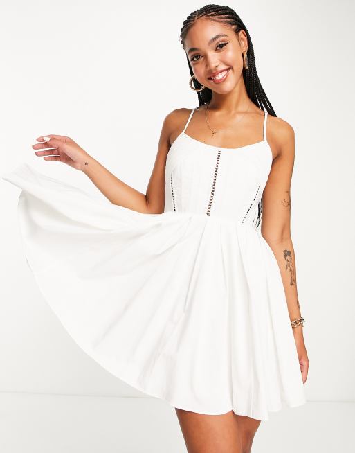 AMOUR Strappy Corset Style Midi Dress with Lace Up Back Detail (Ivory White  Linen)