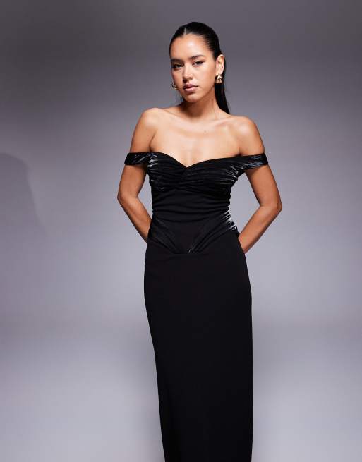 ASOS DESIGN premium structured off-shoulder corset maxi dress with moulded hip in black , 2 of 4