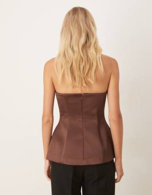 Asos Design Premium Structured Satin Peplum Hem Bandeau Top In Brown