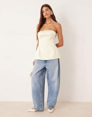 Asos Design Premium Structured Satin Peplum Hem Bandeau Top In White