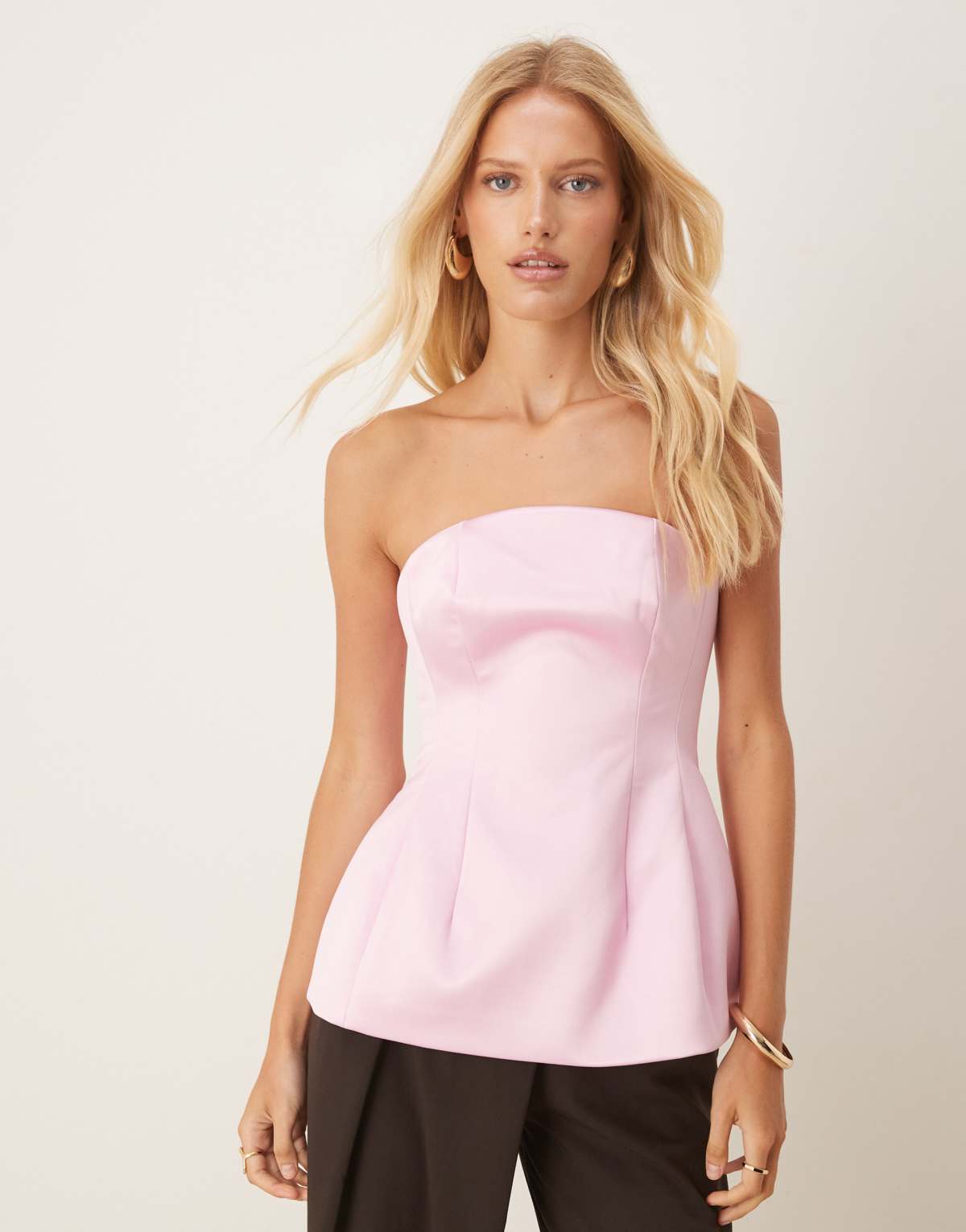 ASOS DESIGN Premium structured satin peplum hem bandeau top in pink