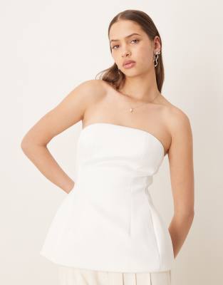 ASOS DESIGN Premium structured satin peplum hem bandeau top in white