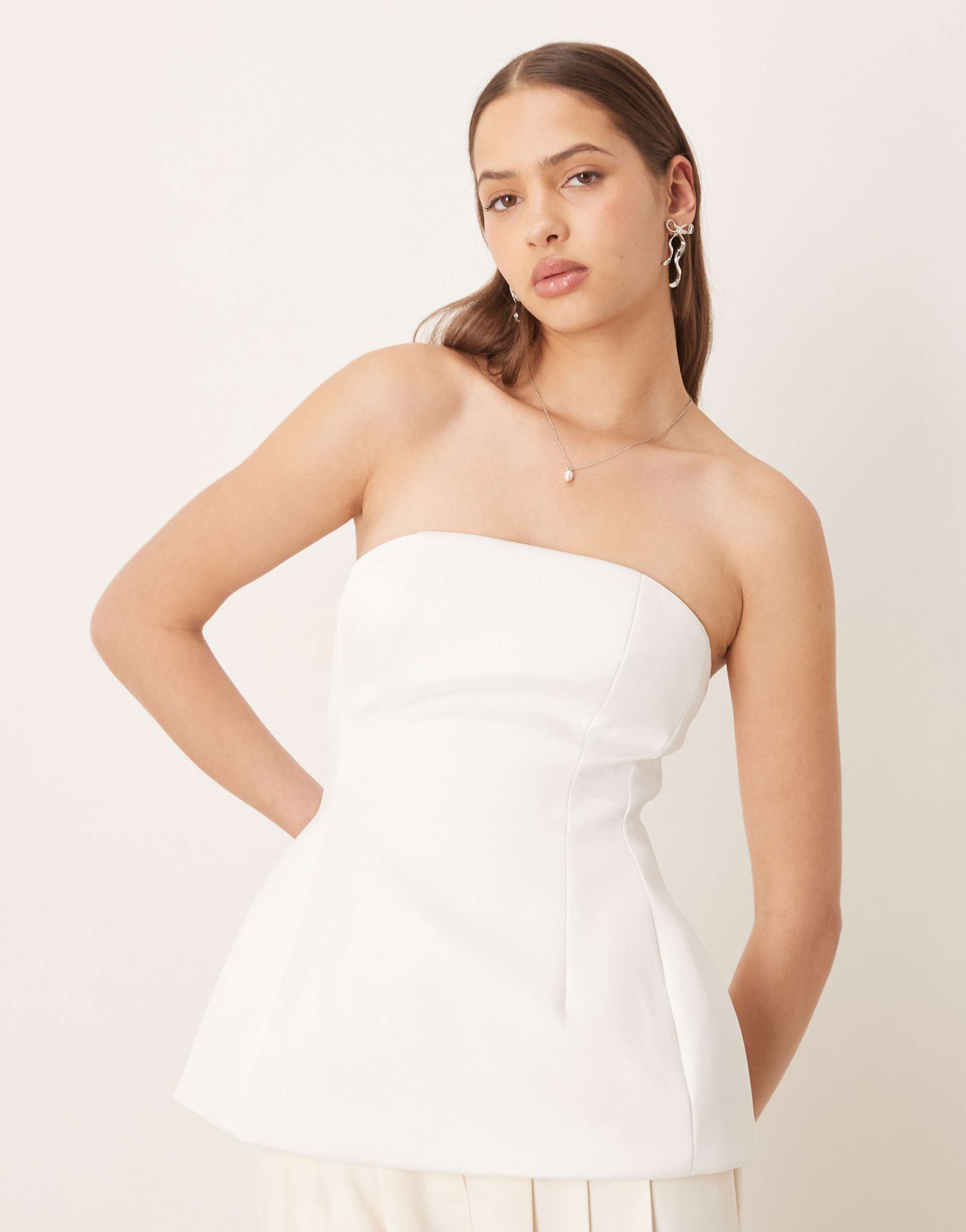 asos design premium structured satin peplum hem bandeau top in white