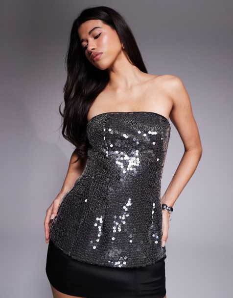 ASOS DESIGN Premium structured sequin peplum hem bandeau top in black - view 1